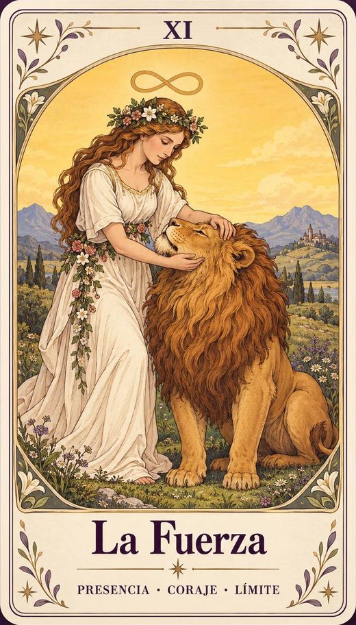 Arcano XI, La Fuerza: una mujer con corona de flores calma a un león